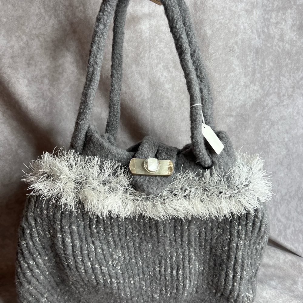 Handmade Textured Wool Purse Bag Gray Boho Style Button Closure Interior Pocket